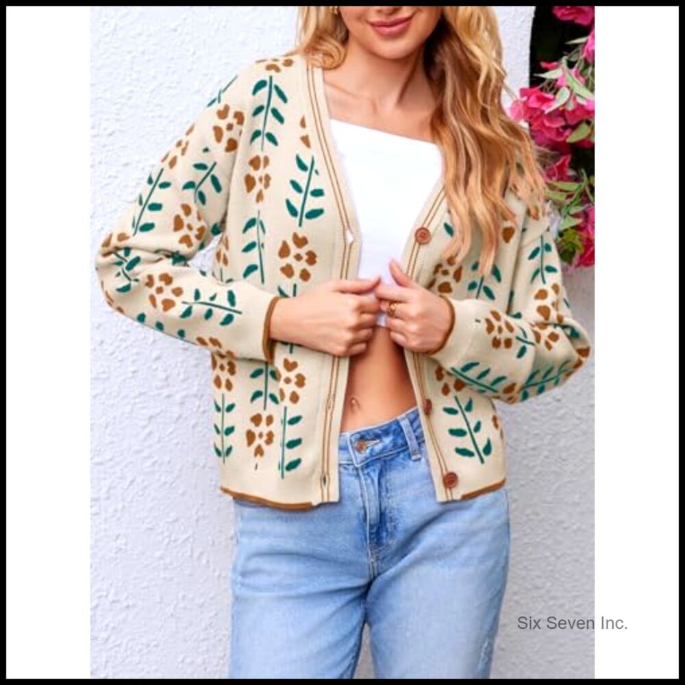 Floral Print V-Neck Cardigan Open Front Button Down Knit Sweater Long Sleeve - Picture 5 of 7